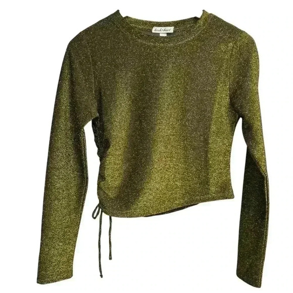 Derek Heart Gold Sparkly Long Sleeve Cropped Top Side Ruching Women Size Medium - Picture 1 of 9